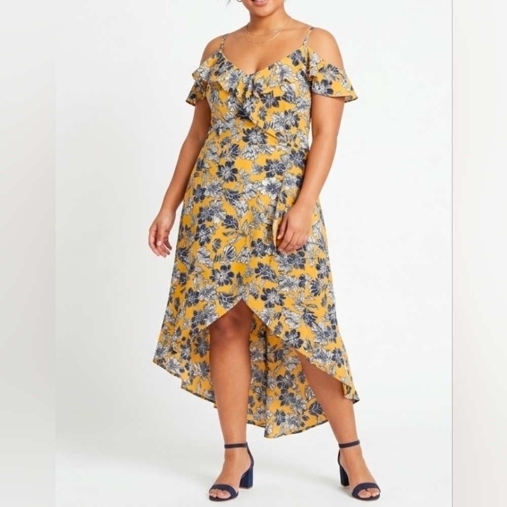 Iz Byer Golden Yellow Floral High Low Dress XXL NWT Navy White Ruffle Strap